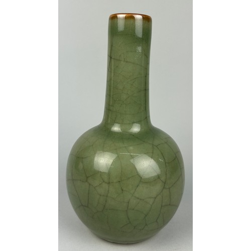 46 - A 19TH CENTURY CHINESE CELADON CRACKLE GLAZED GLOBULAR BOTTLE VASE,

24cm H

Provenance: Purchased b... 