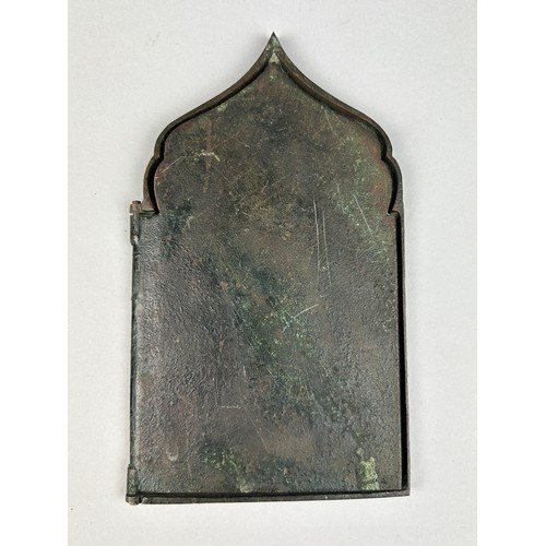 112 - A  20TH CENTURY BRONZE GREEK ORTHODOX TRAVELLING ICON,

18cm x 10cm closed. 

20cm x 18cm open.