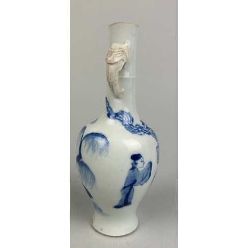 59 - A SMALL KANGXI PERIOD CHINESE BLUE AND WHITE BOTTLE VASE WITH BISCUIT ELEPHANT HEAD HANDLES,

16cm x... 