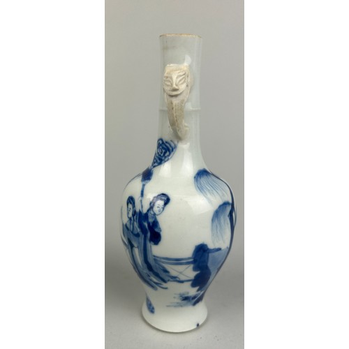 59 - A SMALL KANGXI PERIOD CHINESE BLUE AND WHITE BOTTLE VASE WITH BISCUIT ELEPHANT HEAD HANDLES,

16cm x... 