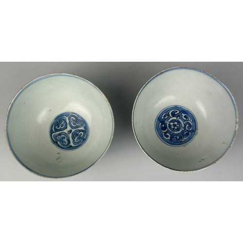 52 - A PAIR OF MING DYNASTY CHINESE BLUE AND WHITE PORCELAIN BOWLS,

14cm x 7.5cm