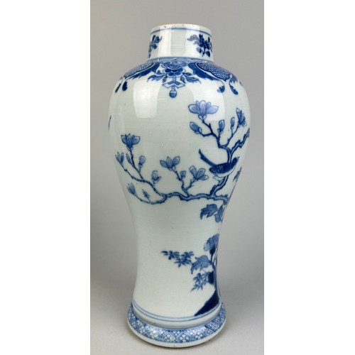 56 - A 19TH CENTURY BLUE AND WHITE PORCELAIN VASE DECORATED WITH BIRDS AND FLOWERS, 

27cm H