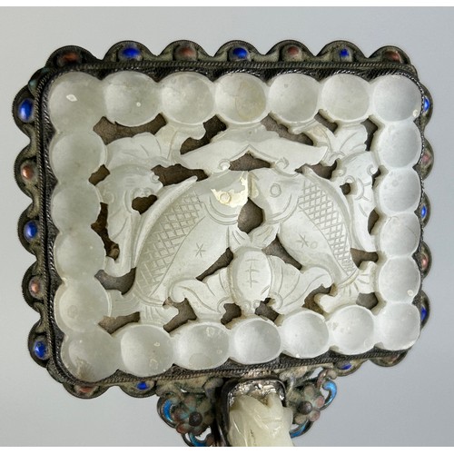 31 - AN 18TH CENTURY CHINESE 'TWIN FISH' JADE PLAQUE SET IN AN ENAMELLED SILVER MIRROR WITH JADE HANDLE W... 