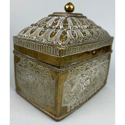 25 - A 19TH CENTURY BRASS CASKET POSSIBLY INDIAN OR KHAJAR DECORATED WITH PEACOCKS AND FOLIAGE, 

17cm x ... 