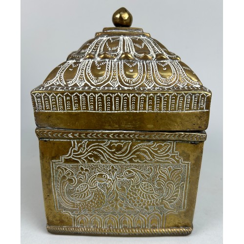 25 - A 19TH CENTURY BRASS CASKET POSSIBLY INDIAN OR KHAJAR DECORATED WITH PEACOCKS AND FOLIAGE, 

17cm x ... 