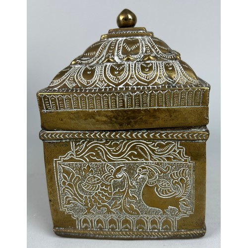 25 - A 19TH CENTURY BRASS CASKET POSSIBLY INDIAN OR KHAJAR DECORATED WITH PEACOCKS AND FOLIAGE, 

17cm x ... 