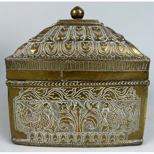 25 - A 19TH CENTURY BRASS CASKET POSSIBLY INDIAN OR KHAJAR DECORATED WITH PEACOCKS AND FOLIAGE, 

17cm x ... 