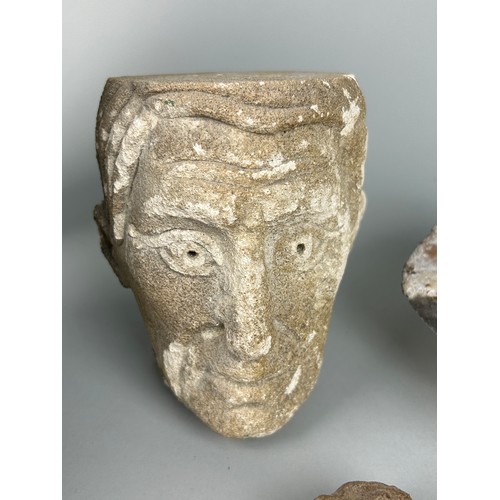 246 - A COLLECTION OF ANCIENT COLLECTION OF POTTERY FRAGMENTS ALONG WITH A CARVED LIMESTONE BUST OF A MANS... 