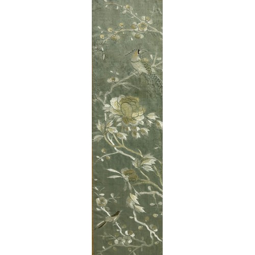 99 - AN EARLY 19TH CENTURY CHINESE SILK PANEL DEPICTING FLOWERS AND BIRDS,

51cm x 14cm. In silk border, ... 