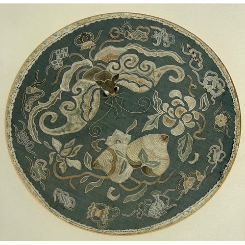 95 - A LATE 18TH OR EARLY 19TH CENTURY CHINESE SILK CIRCULAR PANEL DEPICTING BATS, FLOWERS AND FRUIT, 

 ... 