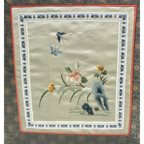 98 - A REPUBLIC PERIOD CHINESE SILK PANEL DEPICTING FLOWERS AND BUTTERFLIES ALONG WITH TWO OTHER ORIENTAL... 