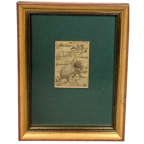 105 - A 19TH CENTURY INDIAN ALBUM PAGE DEPICTING FIGURES HUNTING RIDING HORSE BACK AND ON ELEPHANTS,

9cm ... 