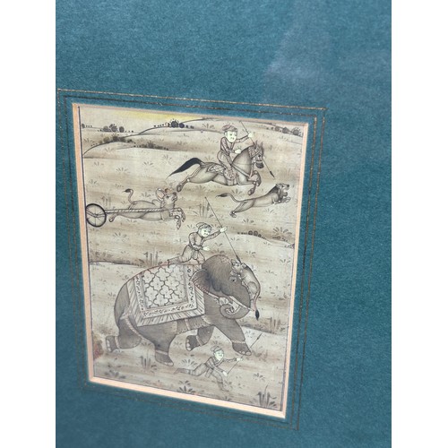 105 - A 19TH CENTURY INDIAN ALBUM PAGE DEPICTING FIGURES HUNTING RIDING HORSE BACK AND ON ELEPHANTS,

9cm ... 