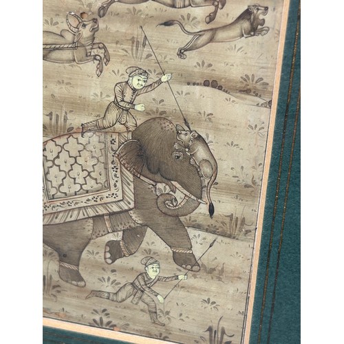 105 - A 19TH CENTURY INDIAN ALBUM PAGE DEPICTING FIGURES HUNTING RIDING HORSE BACK AND ON ELEPHANTS,

9cm ... 