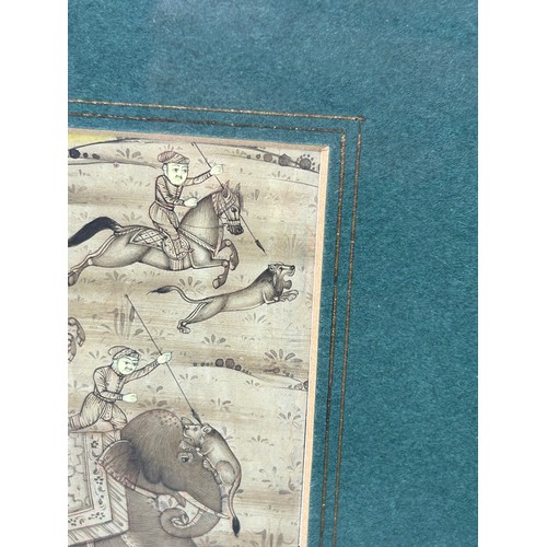 105 - A 19TH CENTURY INDIAN ALBUM PAGE DEPICTING FIGURES HUNTING RIDING HORSE BACK AND ON ELEPHANTS,

9cm ... 