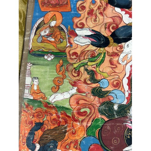 100 - A 19TH CENTURY TIBETAN PAINTED SILK SCROLL WALL HANGING, 

46cm x 34cm 

With silk border 86cm x 60c... 