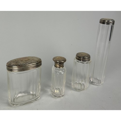 158 - FOUR GLASS BOTTLES WITH SILVER TOPS (4)