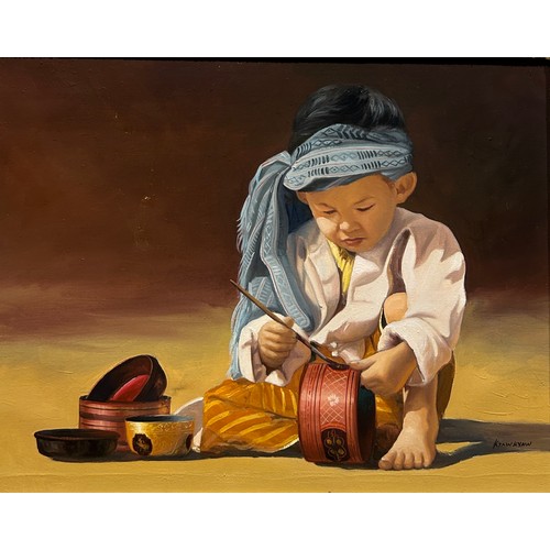 426 - 20TH CENTURY MYANMAR SCHOOL: OIL PAINTING ON BOARD OF A CHILD PAINTING POTTERY, 

Signed 'Kyaw Kyaw'... 