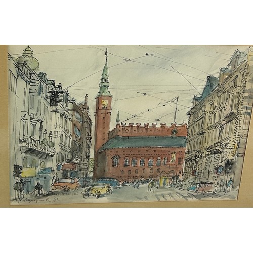 441 - DANISH SCHOOL: A COLLECTION OF FOUR WATERCOLOURS ON PAPER DEPICTING STREET SCENES,

Each signed indi... 