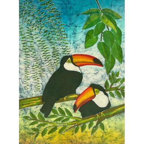 448 - A LARGE PAINTING ON LINEN DEPICTING TWO TOUCANS IN A TREE, 

75cm x 54cm.

Mounted in a frame and gl... 