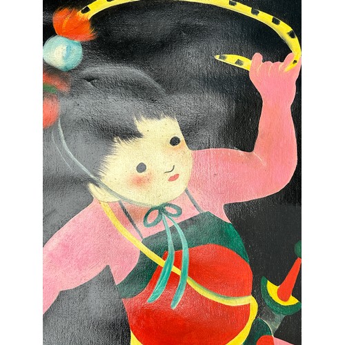 432 - AN ORIENTAL PAINTING ON CANVAS OF A GIRL DANCING, 

98cm x 98cm. 

Signed indistinctly bottom left. ... 