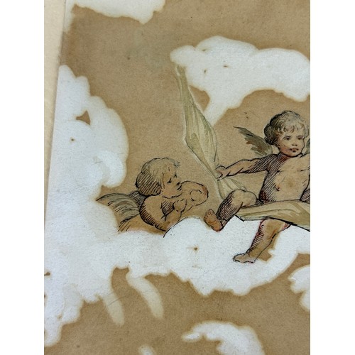 246B - AN INK AND WASH DRAWING OR PRINT OF THREE WINGED PUTTI IN THE ITALIAN BAROQUE STYLE, 

14.5cm x 11cm