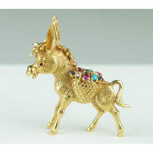 161 - AN 18CT GOLD DONKEY BROOCH SET WITH RUBIES, DIAMONDS, SAPPHIRES AND TURQUOISE, 

Weight 17.8gms

45m... 