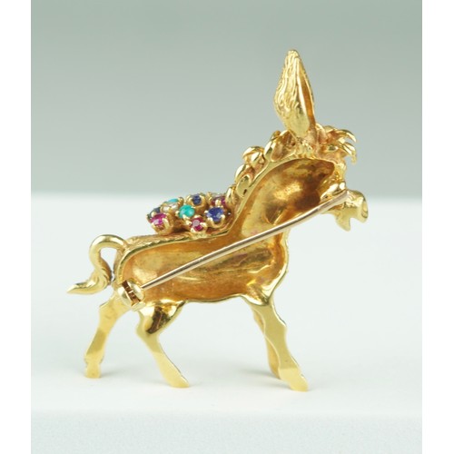 161 - AN 18CT GOLD DONKEY BROOCH SET WITH RUBIES, DIAMONDS, SAPPHIRES AND TURQUOISE, 

Weight 17.8gms

45m... 