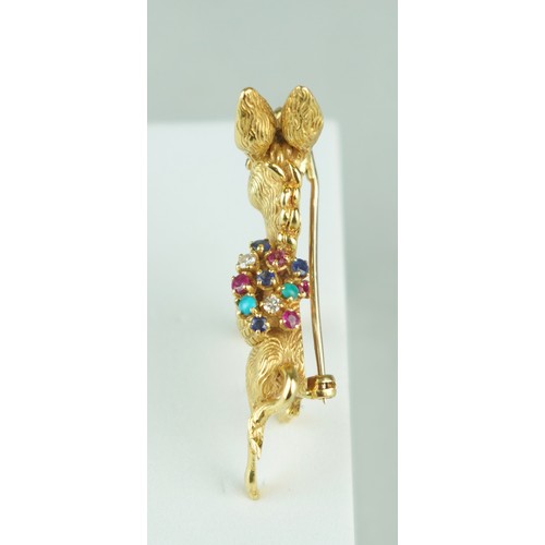 161 - AN 18CT GOLD DONKEY BROOCH SET WITH RUBIES, DIAMONDS, SAPPHIRES AND TURQUOISE, 

Weight 17.8gms

45m... 