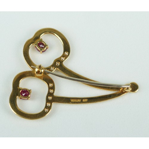 178 - 18CT GOLD DIAMOND & RUBY CHERRY BROOCH MARKED C & F 

Weight: 8.3gms
45mm x 40mm