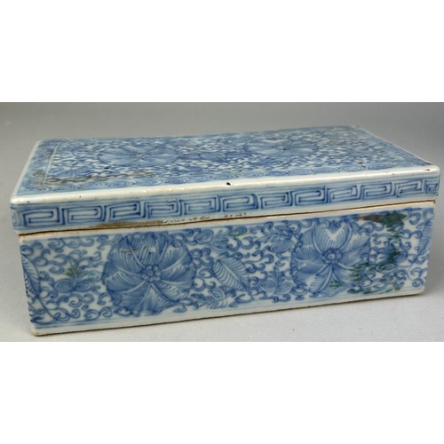 114E - A CHINESE BLUE AND WHITE BOX QIANLONG/DAOGUANG 18TH OR 19TH CENTURY, 

18cm x 9cm x 7cm