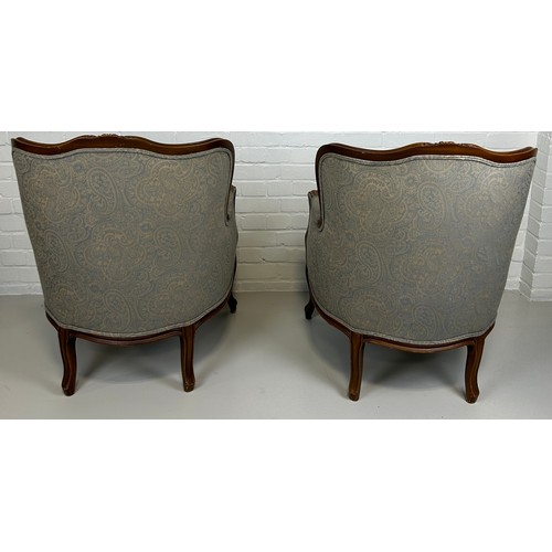 447 - A PAIR OF FRENCH WALNUT BERGERE ARMCHAIRS UPHOLSTERED IN GREY PAISLEY FABRIC, 

91cm x 74cm x 68cm e... 