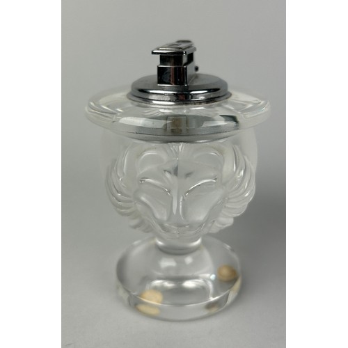 266 - A LALIQUE FROSTED GLASS TABLE LIGHTER WITH FROSTED GLASS LIONS HEADS,

Chip to one side of base.

12... 