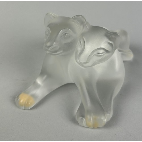 265 - A PAIR OF LALIQUE FROSTED GLASS 'TAMBWE' LION CUBS, 

12.5cm x 8.5cm x 8.5cm