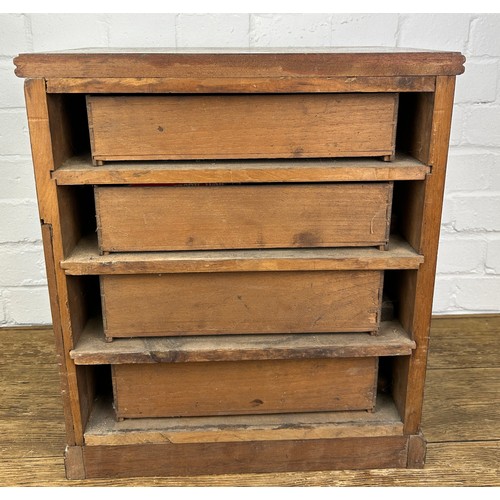 410 - A 19TH CENTURY MAHOGANY MINIATURE WELLINGTON CABINET OR COLLECTORS CABINET WITH FOUR DRAWERS