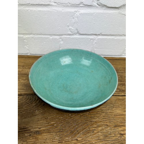 256 - A STUDIO POTTERY VASE, BLUE AND BLACK GLAZED BOWL AND A STOURBRIDGE GLASS PEDESTAL VASE (3)