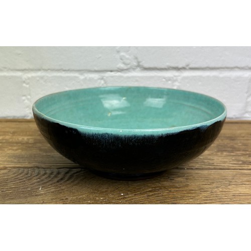 256 - A STUDIO POTTERY VASE, BLUE AND BLACK GLAZED BOWL AND A STOURBRIDGE GLASS PEDESTAL VASE (3)