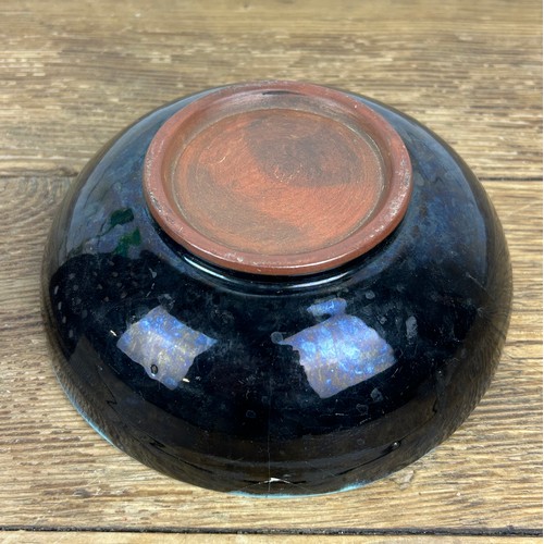 256 - A STUDIO POTTERY VASE, BLUE AND BLACK GLAZED BOWL AND A STOURBRIDGE GLASS PEDESTAL VASE (3)