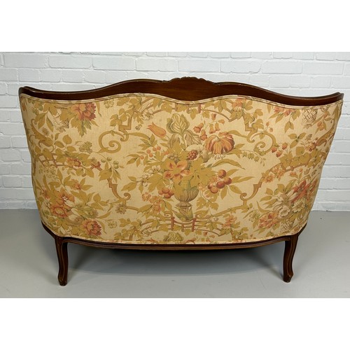 448 - A LARGE FRENCH WALNUT TWO SEATER SOFA OR CANAPE UPHOLSTERED IN FLORAL FABRIC,

128cm x 94cm x 77cm