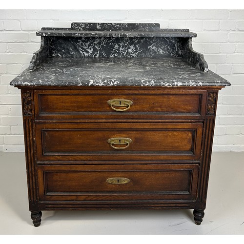 451 - A LARGE MARBLE TOP WASH STAND WITH THREE DRAWERS, 

95cm x 95cm x 52cm