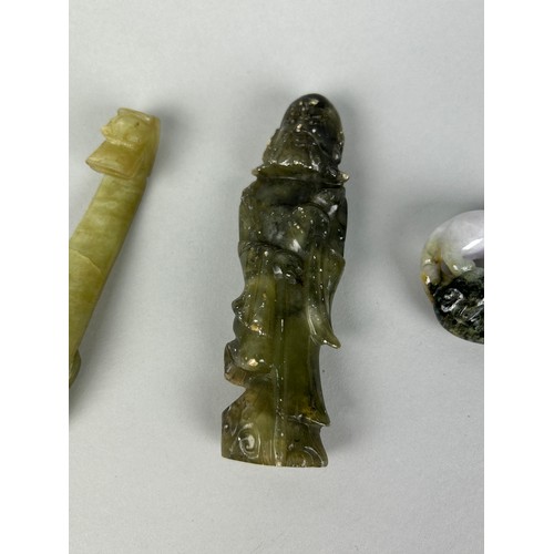 188 - A COLLECTION OF THREE CHINESE JADE ITEMS, 

To include belt hook with dragons head. 

Largest 11cm L