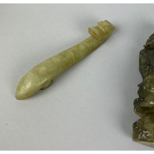 188 - A COLLECTION OF THREE CHINESE JADE ITEMS, 

To include belt hook with dragons head. 

Largest 11cm L