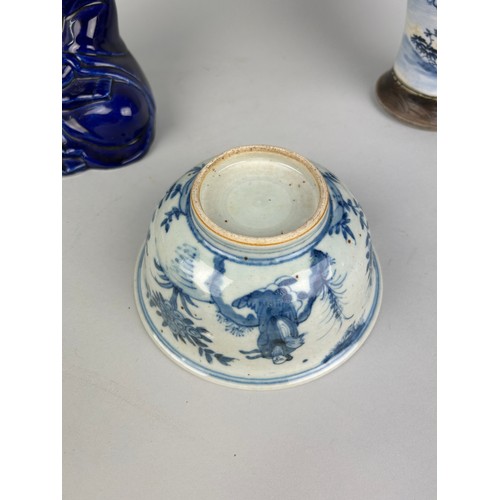 168 - CHINESE CERAMICS: A BLUE AND WHITE BOWL, SEATED FIGURE OF A BUDDHA, BLUE AND WHITE VASE AND COVER (3... 