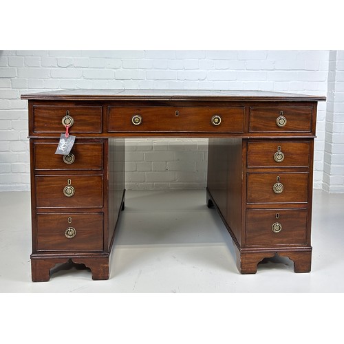 440 - AN EARLY 19TH CENTRAL PARTNERS DESK, 

Two pedestals, each with ten drawers with brass handles. Gree... 