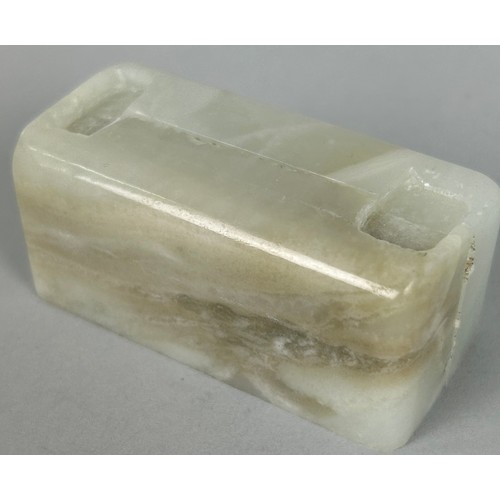 195 - A CHINESE JADE SEAL, 

6cm x 2.7cm 

In two parts.