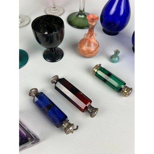 258 - A COLLECTION OF COLOURED GLASS WARE (18) , 

Including some antique examples and a small vial, possi... 