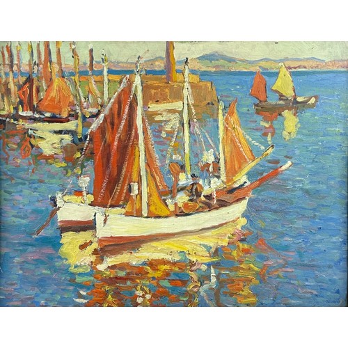 6 - 20TH CENTURY SCHOOL: AN OIL ON BOARD IMPASTO PAINTING OF SAILBOATS IN THE HARBOUR.

In the manner of... 