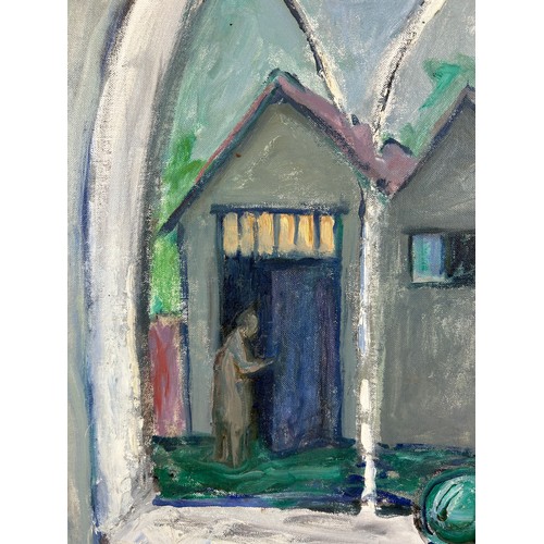 58 - AN OIL ON BOARD PAINTING DEPICTING A FIGURE WITH A DOG, 

63cm x 60cm