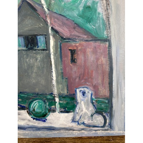 58 - AN OIL ON BOARD PAINTING DEPICTING A FIGURE WITH A DOG, 

63cm x 60cm