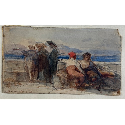 67 - GUIDO BACH (GERMAN 1828-1905): A WATERCOLOUR ON PAPER PAINTING DEPICTING FIGURES OVERLOOKING THE SEA... 